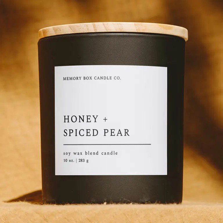 Honey spiced pear candle gift for women, hostess, Thanksgiving, and Christmas.
