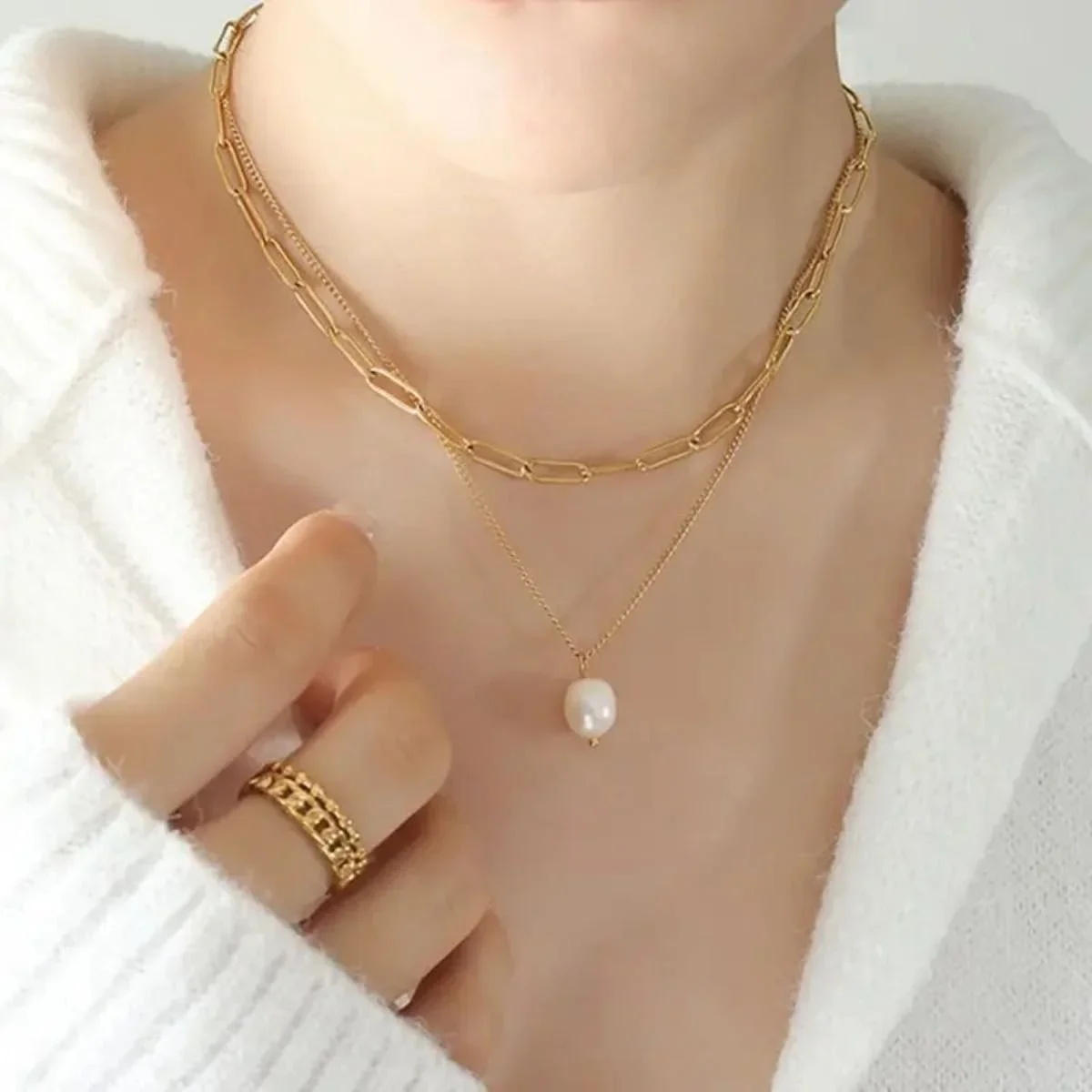 Freshwater Pearl Double Strand Gold Necklace worn on model, showcasing an elegant pearl jewelry style perfect for everyday wear or special occasions.