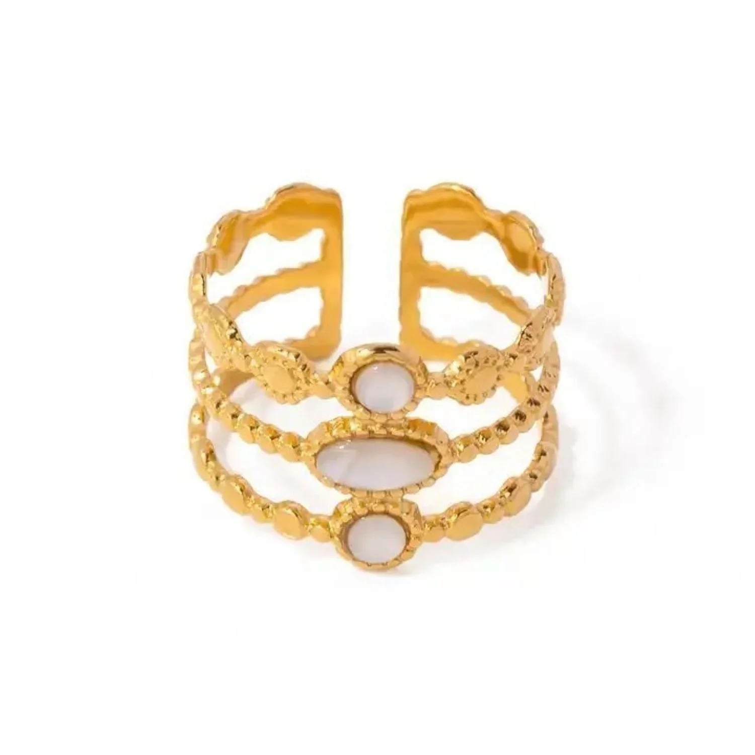 Floating On Clouds Adjustable Mother of Pearl Ring featuring a luminous mother of pearl centerpiece with a polished gold finish and elegant open band design.