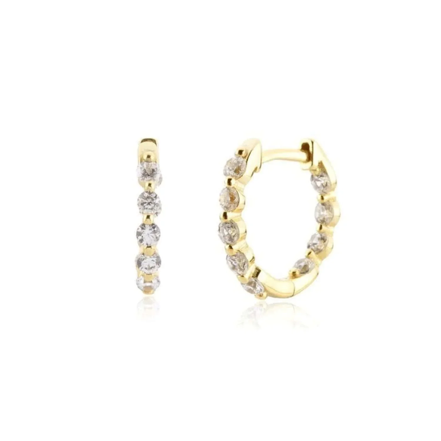 Gold Pavé Huggie Hoop Earrings featuring sparkling cubic zirconia stones set along a sleek gold hoop design for an elegant everyday look.