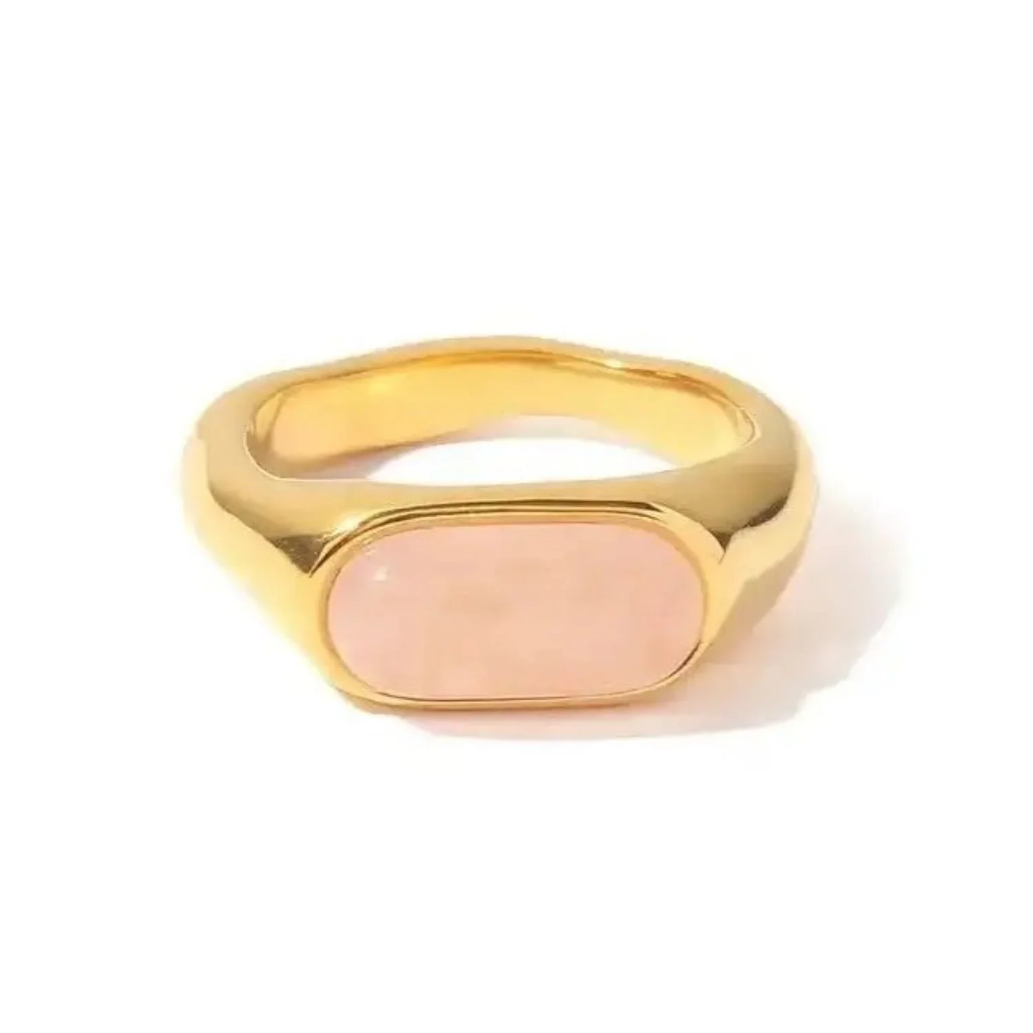 Dream Rose Quartz Gold Ring featuring a soft pink rose quartz gemstone centerpiece with a polished gold finish and elegant feminine design.