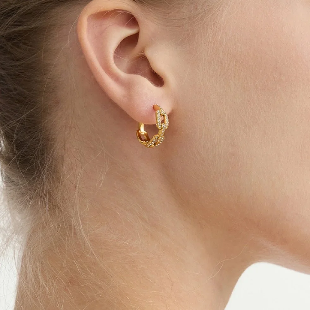 Close-up of Small Brickell Pavé CZ Hoop Earrings highlighting the pavé cubic zirconia details and elegant gold finish.