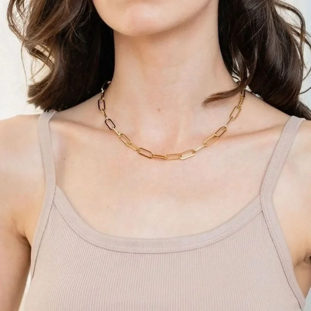 Gold Chain Link Necklace worn on model, showcasing a chic and versatile gold jewelry style perfect for everyday wear or layering.