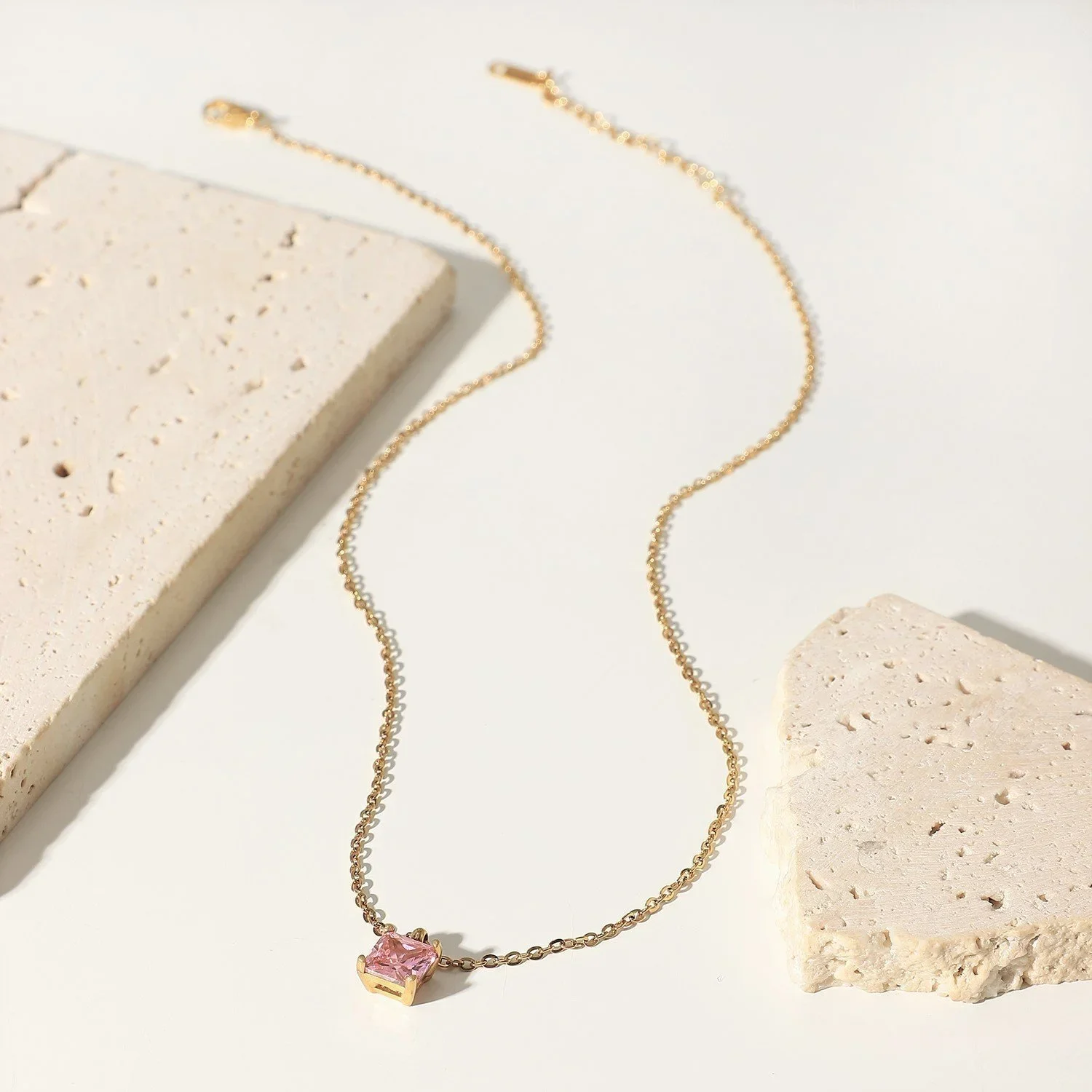 Pink CZ Gold Pendant Necklace showcasing a feminine and elegant gold jewelry style perfect for everyday wear or special occasions.