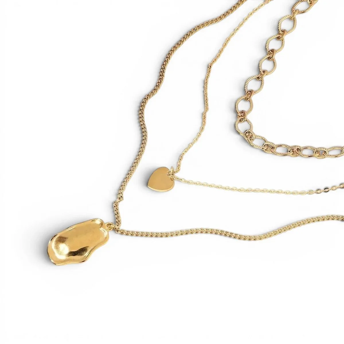 Close-up of Triple Layered Gold Charm Necklace highlighting the layered chain design, detailed charm accents, and refined gold finish.