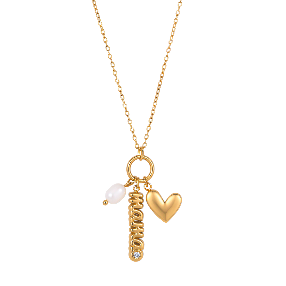 Gold Mom pendant necklace featuring a freshwater pearl and heart charm with an adjustable chain