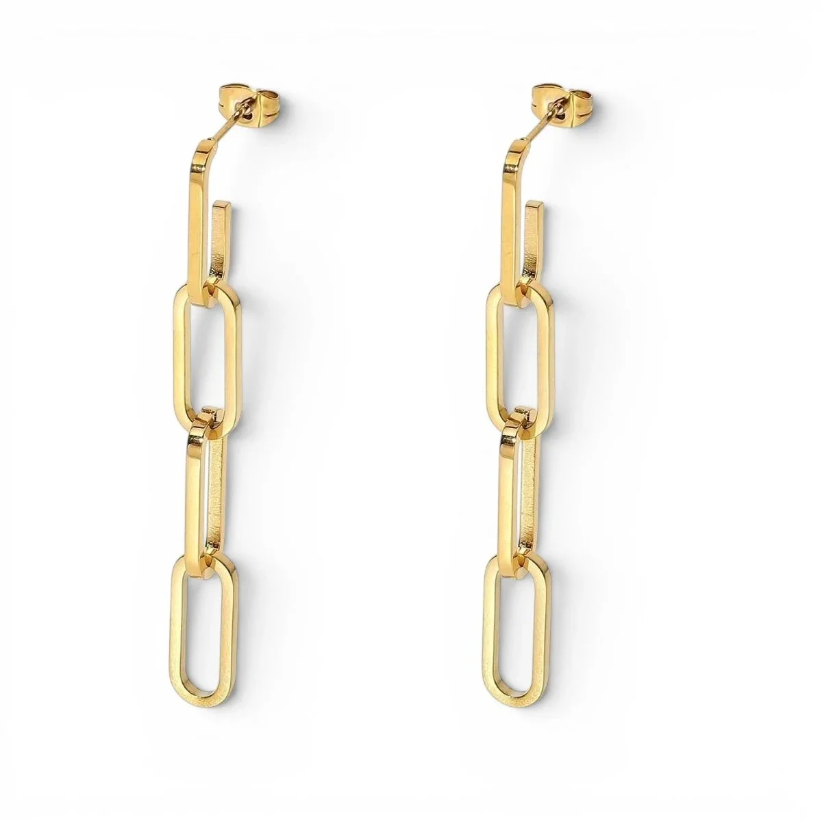 Gold Chain Link Drop Earrings featuring elegant interlocking chain links with a polished gold finish and modern statement design.