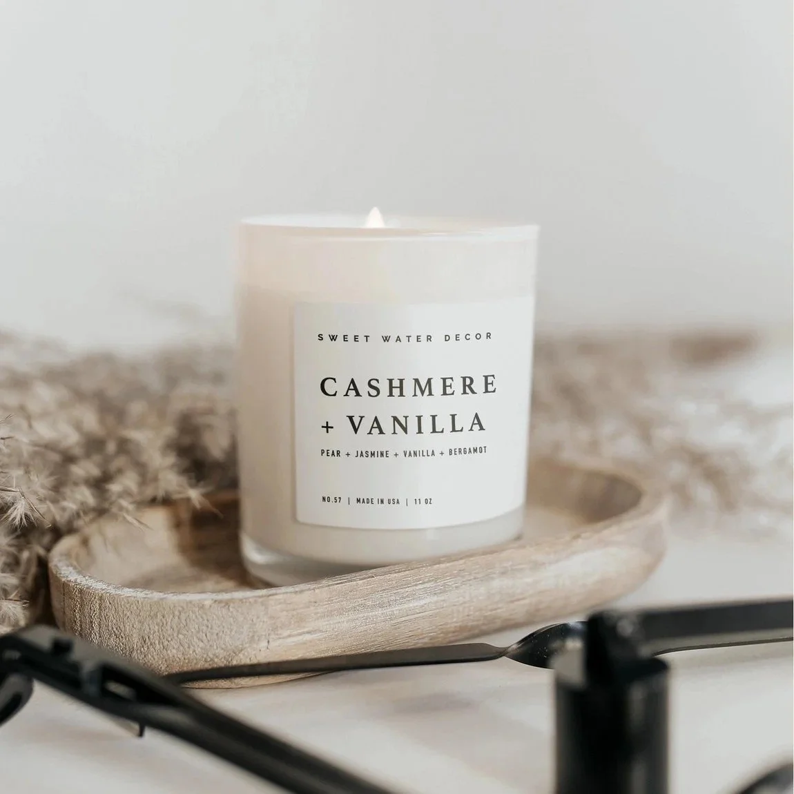 Warm and cozy vanilla cashmere scented soy wax candle for fall and winter.