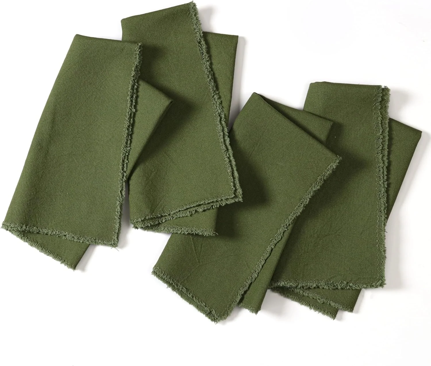 Set of four forest green 50% cotton 50% linen napkins with textured woven fabric and fringe trim, perfect for entertaining, seasonal, and modern dining décor.