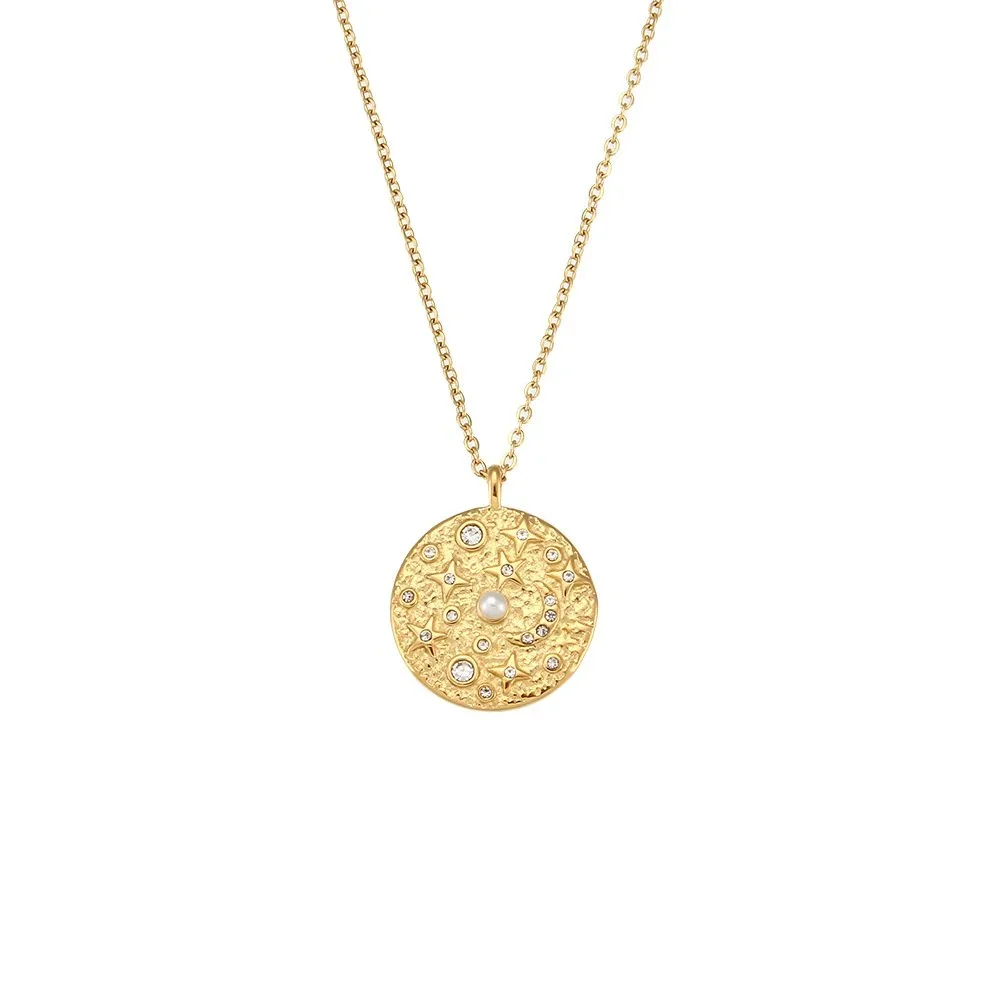 Gold Moon & Star Constellation Pendant Necklace featuring celestial moon and star charms with a polished gold chain and dreamy cosmic-inspired design.