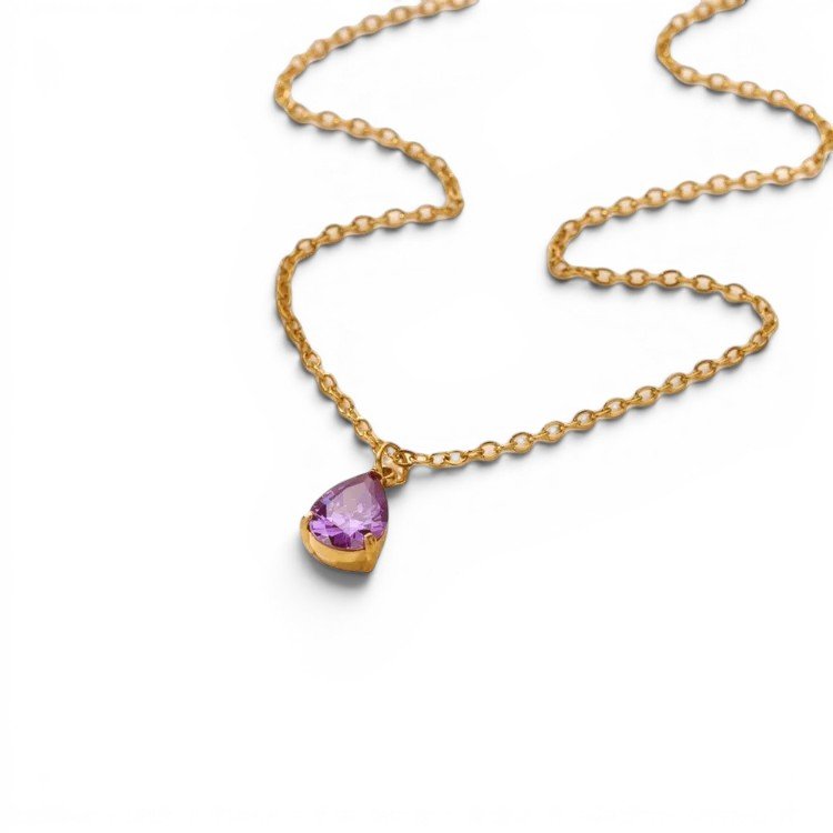 A teardrop shaped amethyst gemstone that hangs from a gold chain with an adjustable clasp closure.