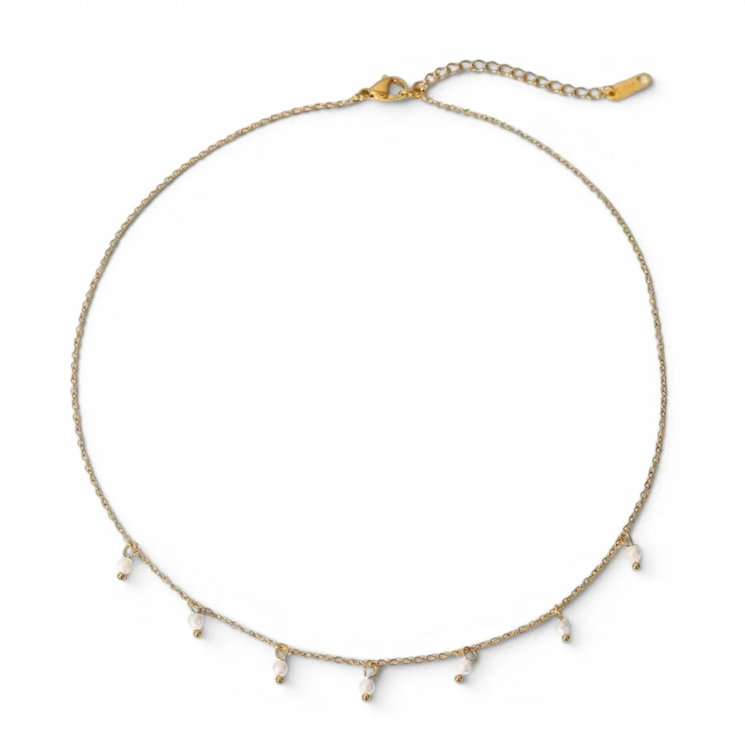 Close-up of Floating Freshwater Pearl Gold Necklace highlighting the lustrous pearl details, delicate gold chain, and minimalist jewelry design.