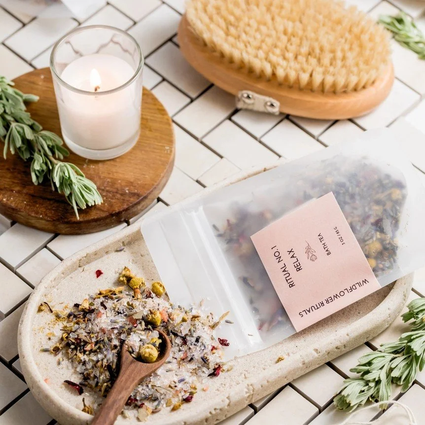 A luxurious lavender chamomile natural formulated bath soak for restoration and peace.