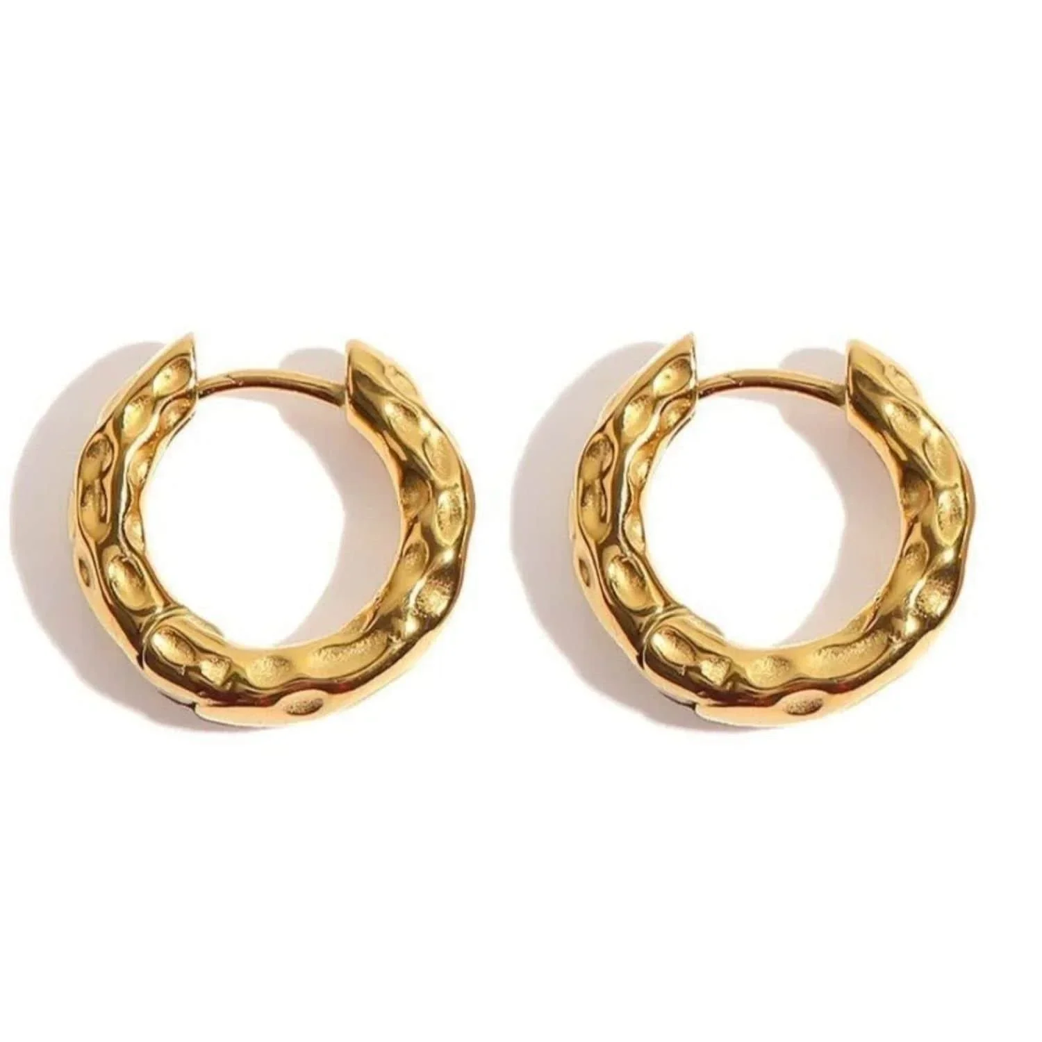 Close-up of Gold Hammered Hoop Earrings highlighting the unique hammered texture, dimensional details, and elegant gold finish.