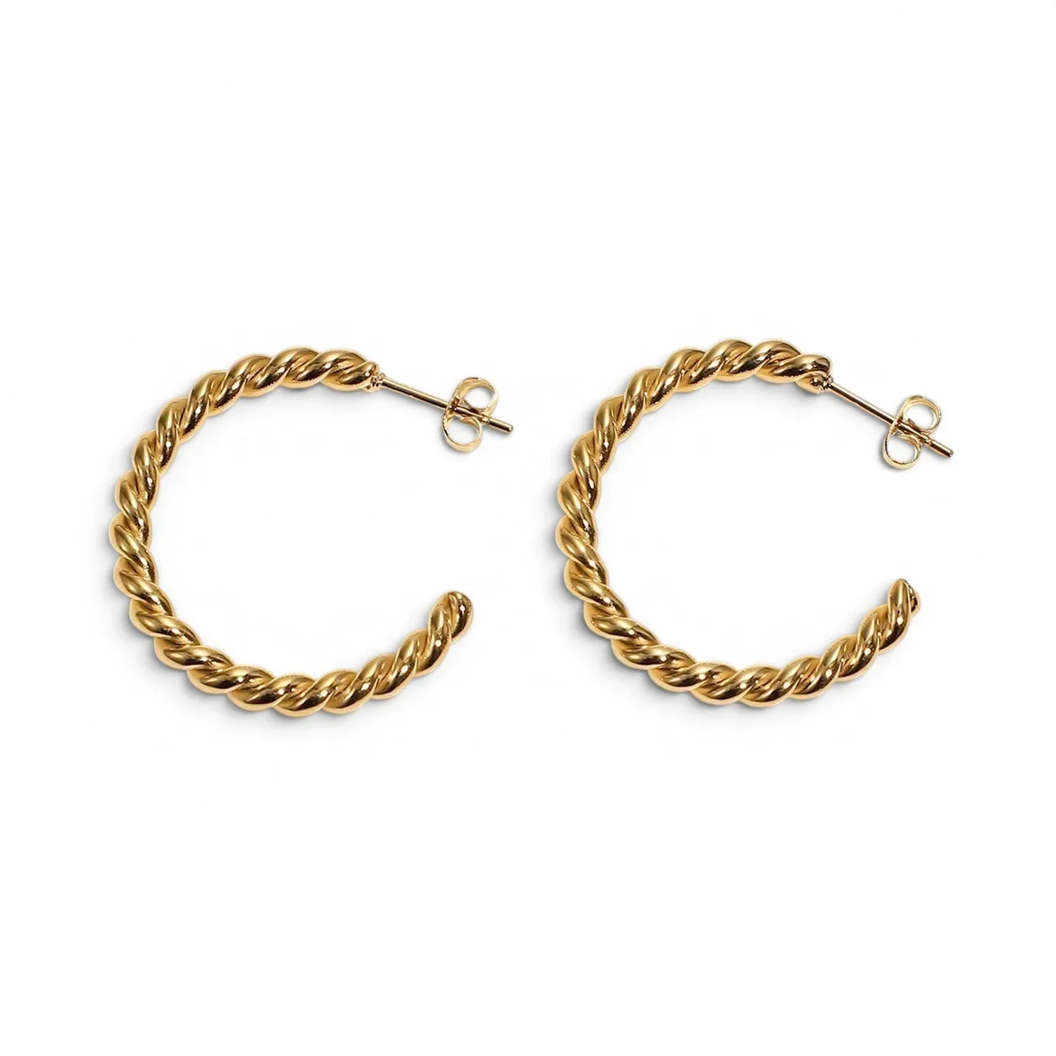 Close-up of Twisted Rope Gold Hoop Earrings highlighting the intricate twisted texture, dimensional gold detailing, and refined hoop design.