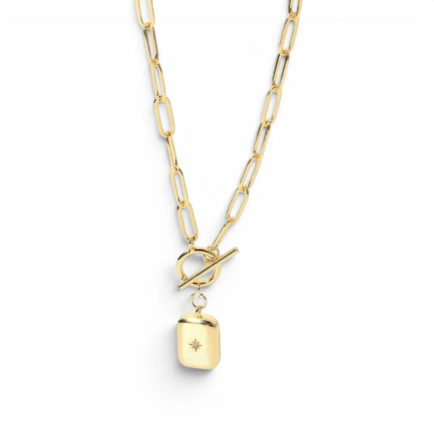 Gold Sunburst Toggle Chain Necklace featuring a radiant sunburst pendant with a polished gold chain and stylish toggle clasp design.