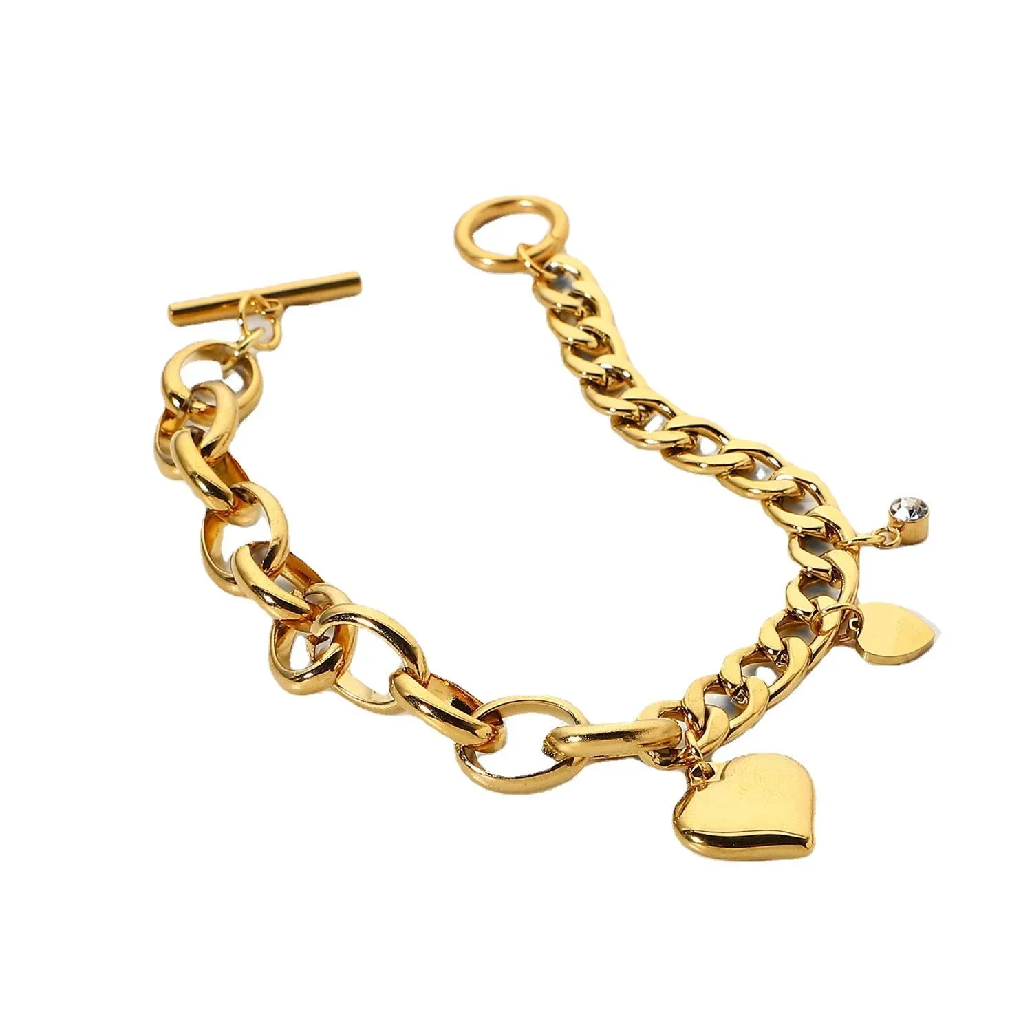 Close-up of Amour Gold Heart Charm Toggle Bracelet highlighting the heart pendant detail, gold chain design, and elegant toggle clasp.