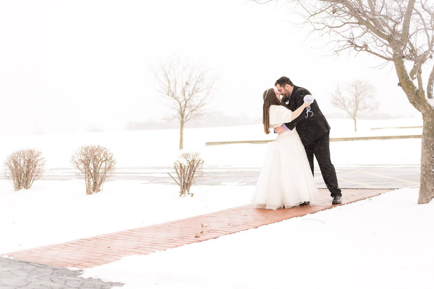 Newlywed Couple Embracing for Kiss in the Snow