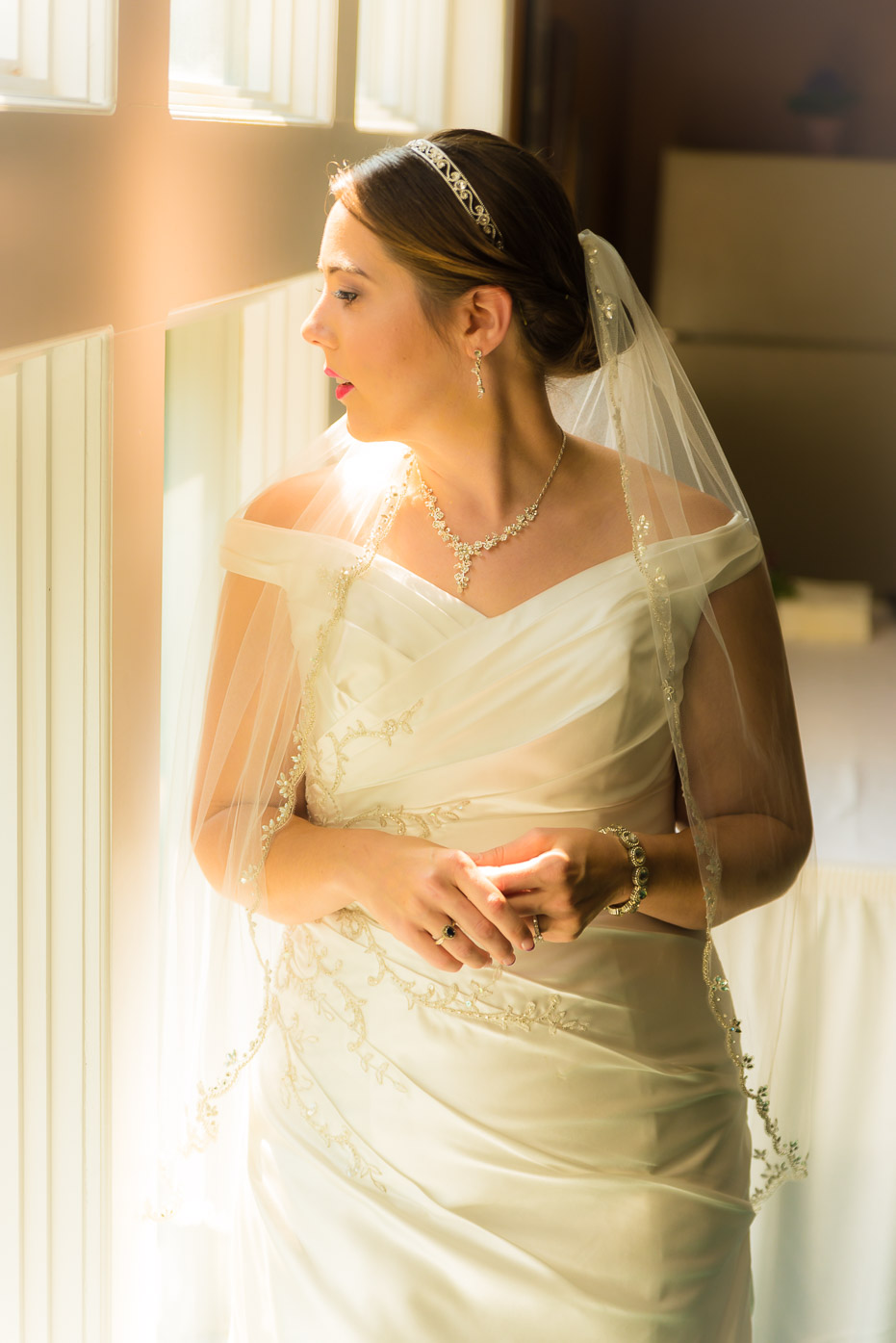 Bride Staring out the Window in Dress and Veil