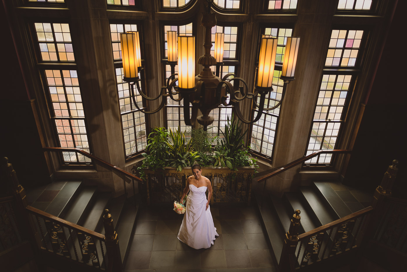 Bride with Stained Glass and Chandelier at Purdue Memorial Union