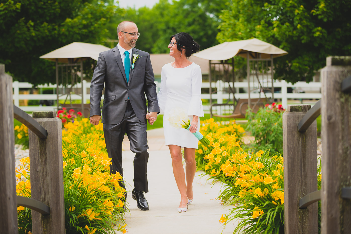 Newlyweds with bouquet