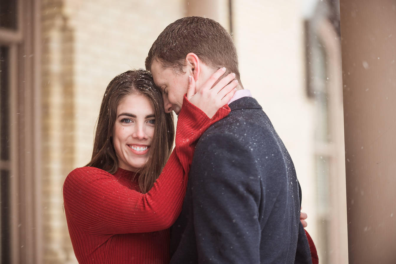Fun photos on ND campus for engagement pictures by local photogr