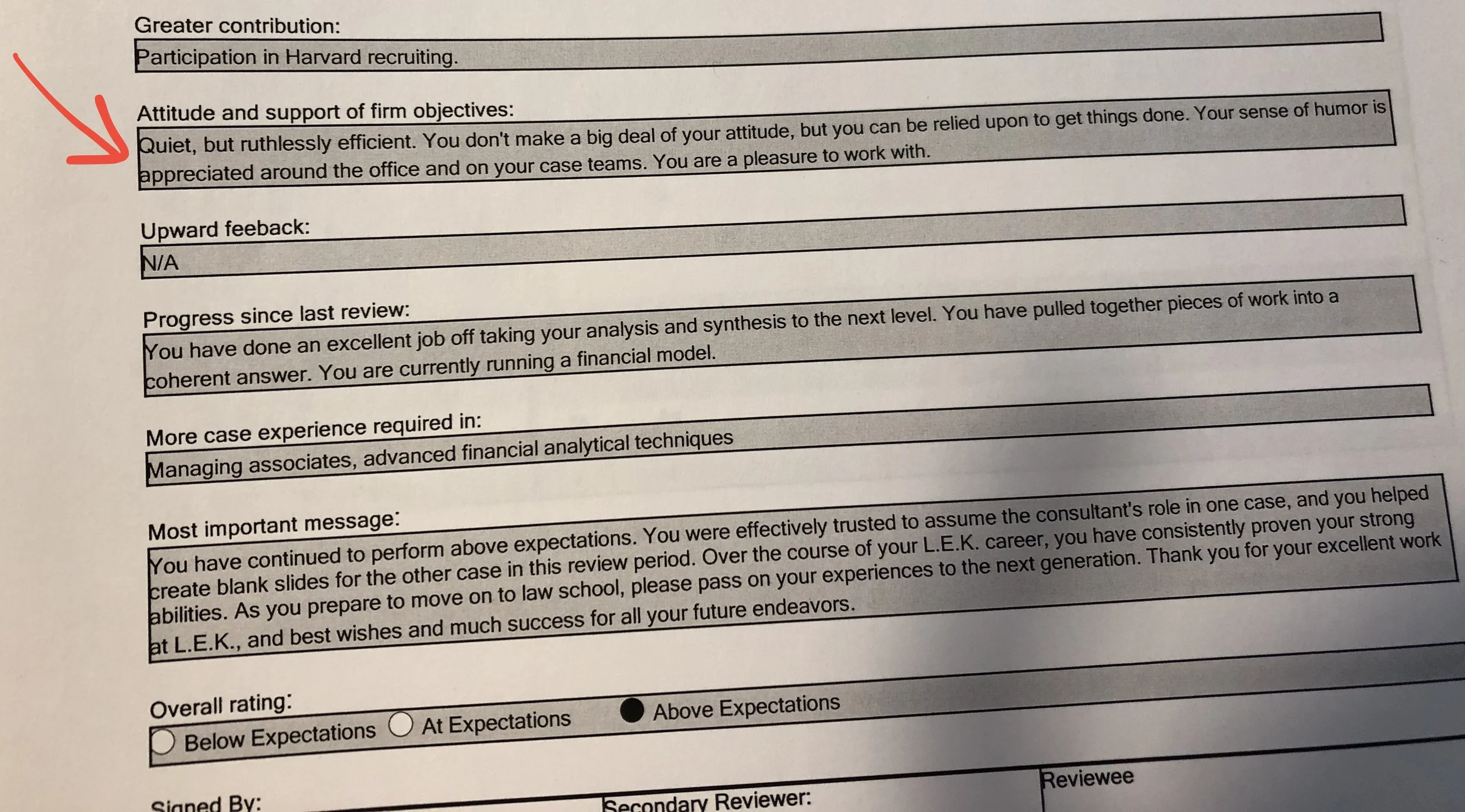 My last consulting performance review. I can't decide if "Quiet, but ruthlessly efficient" is what I want on my tombstone, or what I want in a dishwasher. 