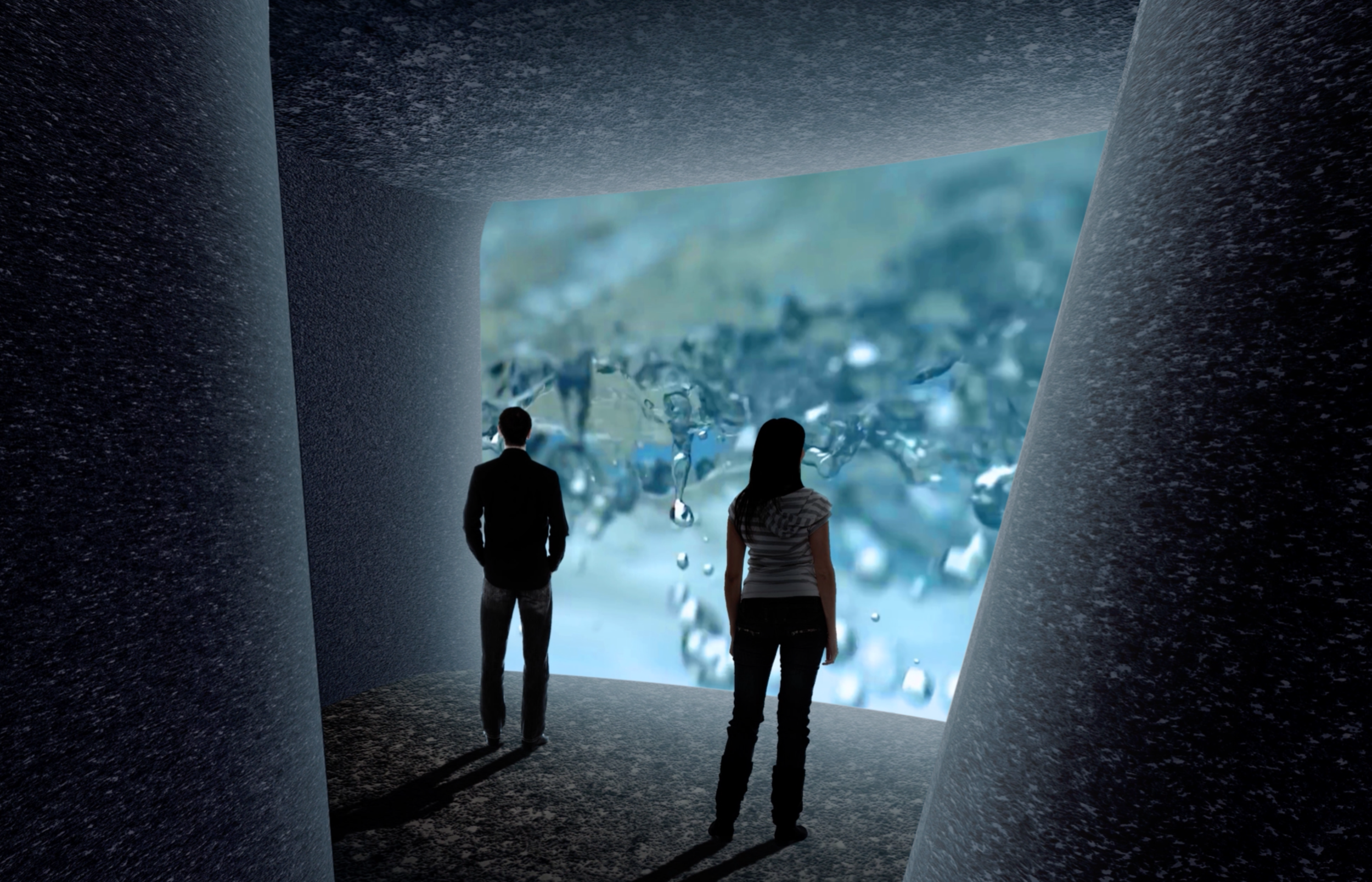 Glass animation wall within the serenity experience | Rhino, V-Ray, Photoshop The area housing the main elevator access point to the entirety of the College Building at the Rhode Island School of Design is dark, underutilized, and basement-like. This theoretical exploration transforms the space into a calm and focused experience for RISD individuals that allows for a mental reprieve. Two pathways, representing and aiding the journey to and from serenity, consist of waved walls and a ceiling of matte, textured material, and floors of porous material for sound absorption. The space culminates in a glass panel, illuminated with subtle animations, to focus the mind and create a sense of calm, warmth, and safety. (Fall 2016)