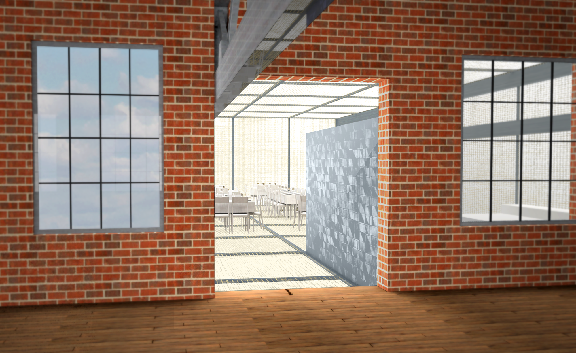 Entrance to the cantilever restaurant. Mirrored partition wall divides kitchen from dining area. | Rhino, VRay, Photoshop