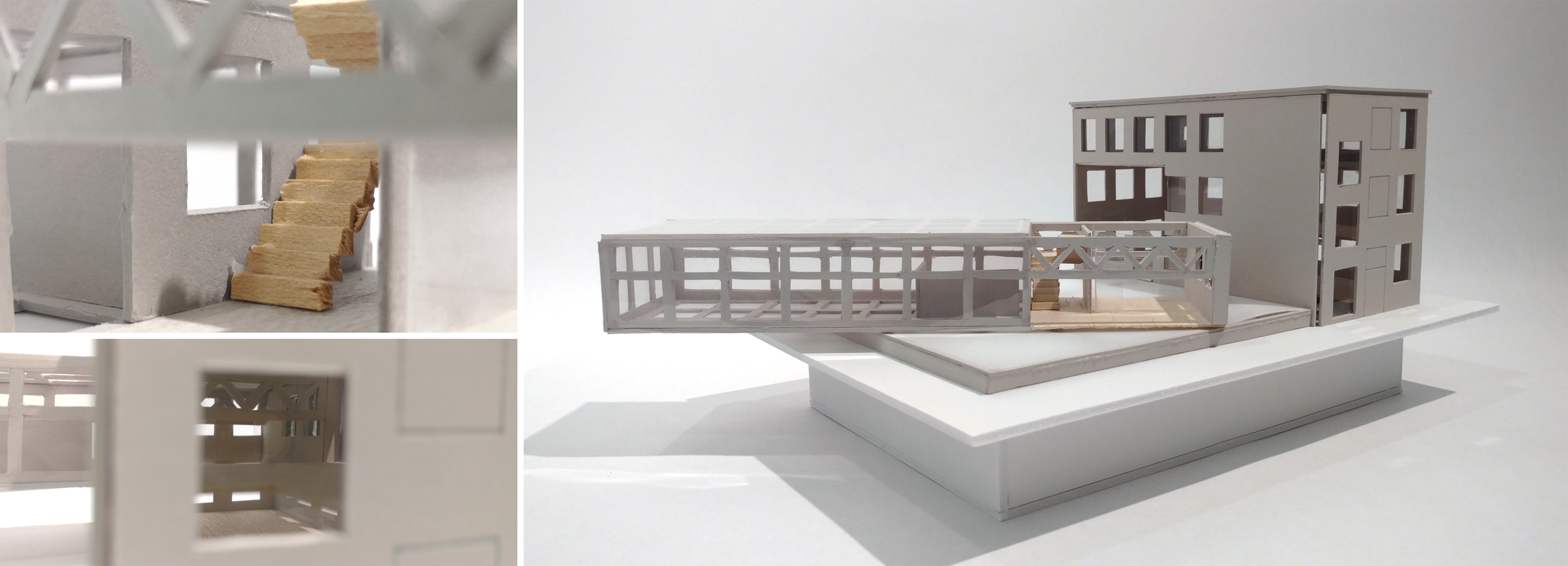Physical model with removable cantilever section | museum board, clear and frosted acetate, balsa, foamcore