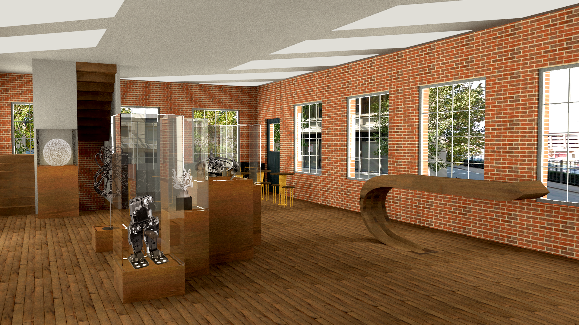 First floor lobby in daytime. Overhead lights mimic light patterns cast on the ceiling by the sun, which self-adapt based on lighting conditions. | Rhino, VRay, Photoshop