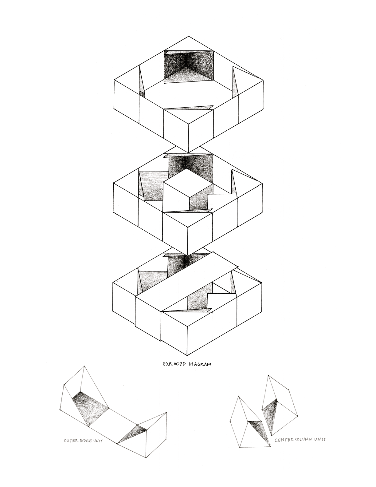 A diagram drawing of a paper cube project, including building block mechanisms. Drawn in Rhino, traced via light pad on drawing paper, graphite shading (Summer 2016).