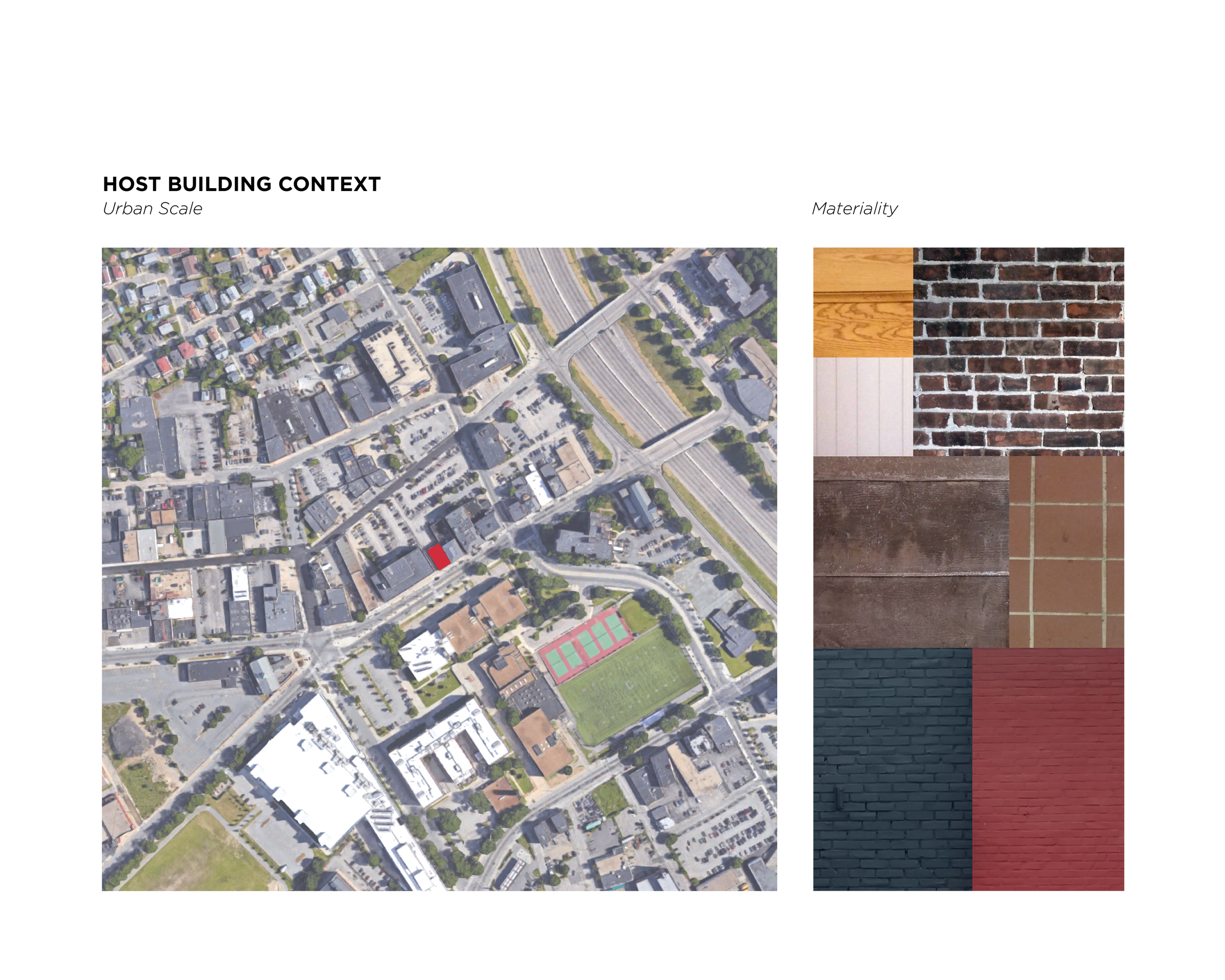 Urban context map and building materiality study | Photoshop, Illustrator