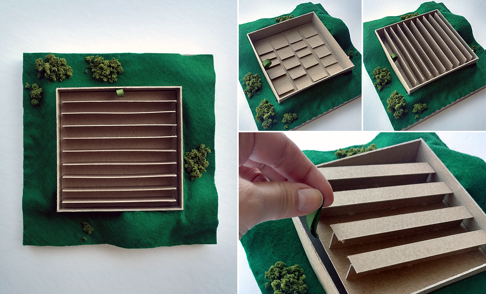 Conceptual model exploring how materials can be swapped out in a "test panel" attached to the building in order to test a variety of sustainable tactics and materials | chipboard, felt, rubber mat for contours, ribbon for pull tab