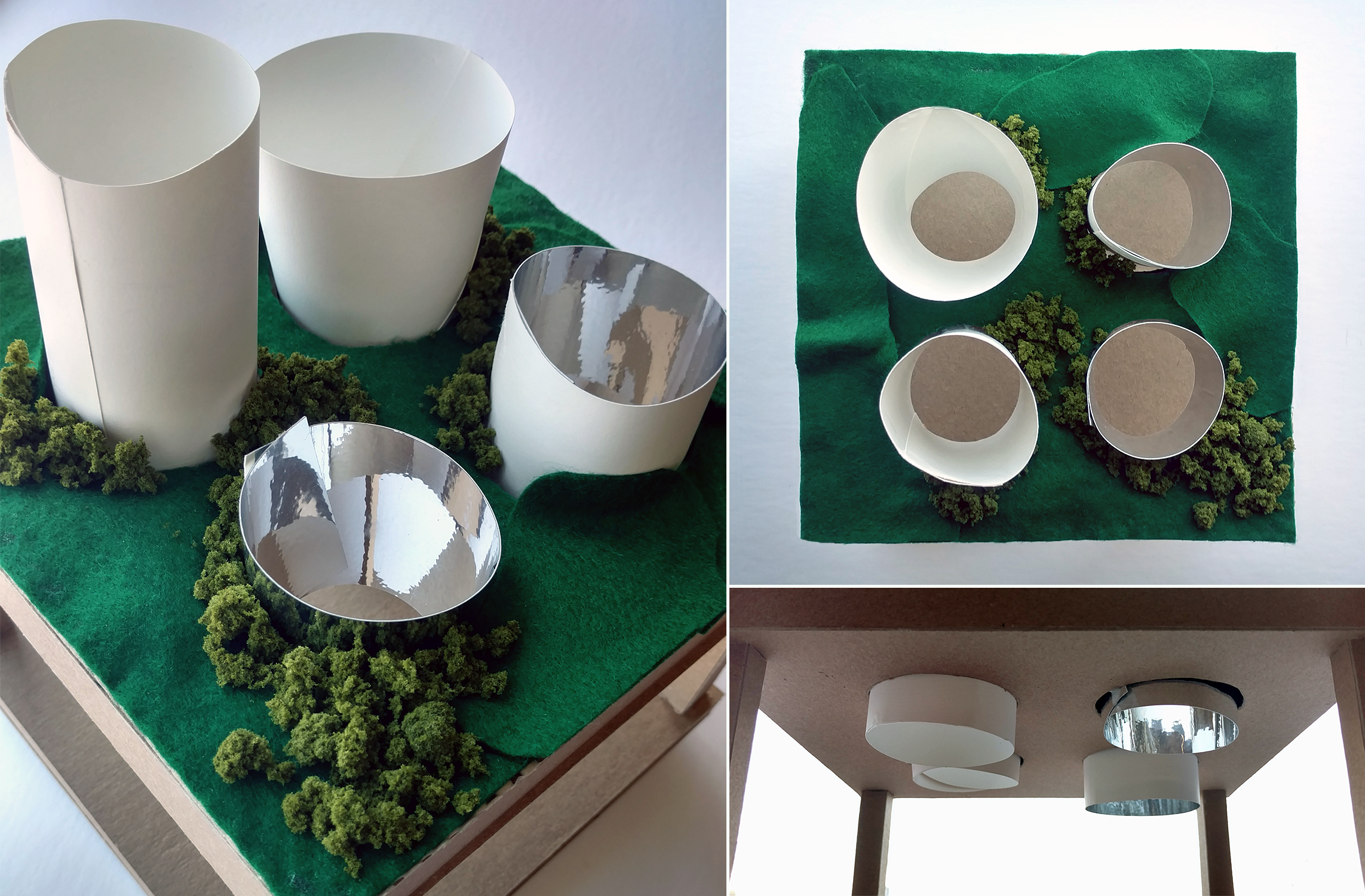 Conceptual model exploring four different skylight aesthetics | chipboard, felt, rubber mat for contours, mat board, mirrored acetate