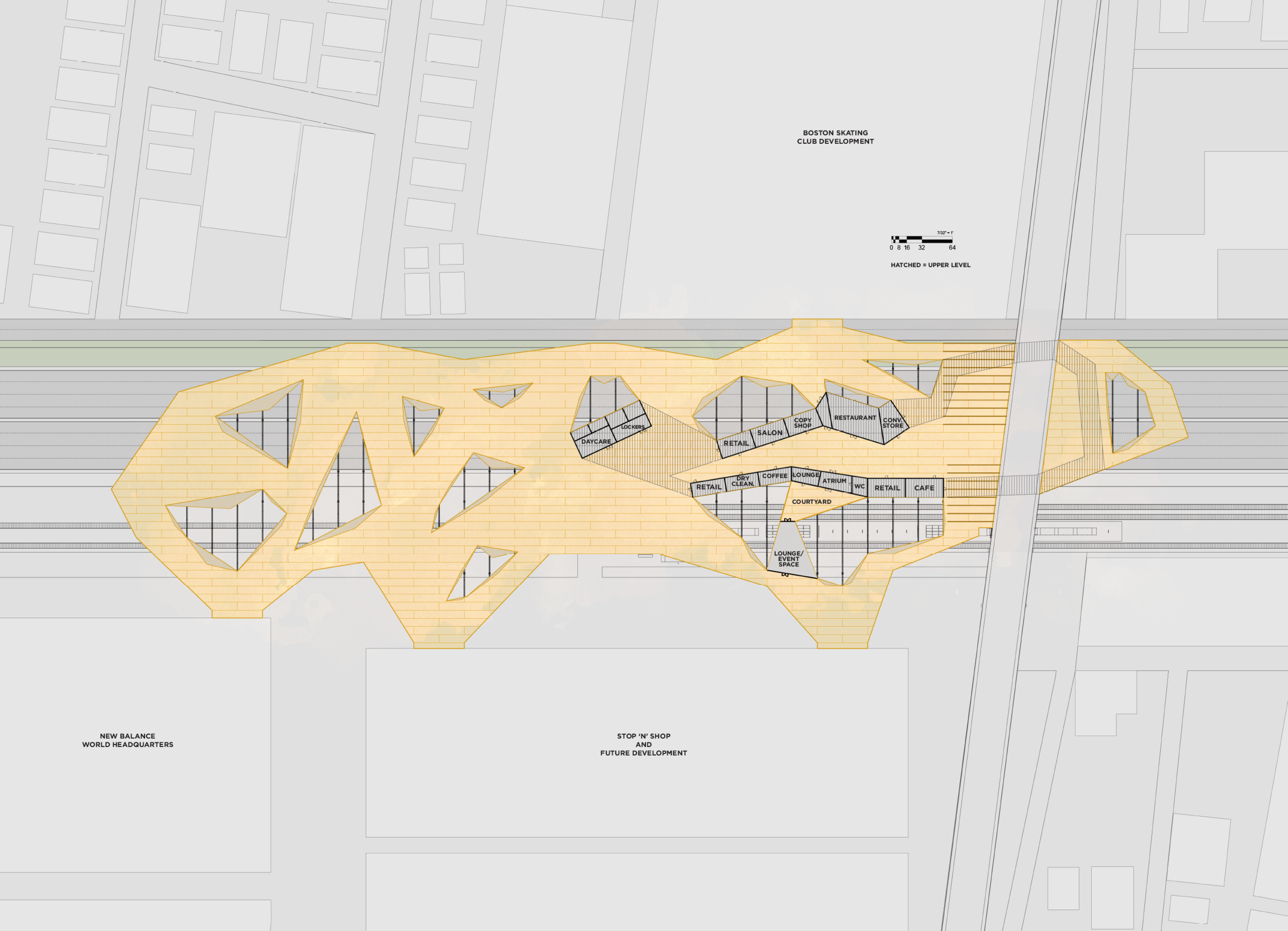 Plan diagram of full deck layout and how it's situated within the urban context | AutoCAD, Illustrator