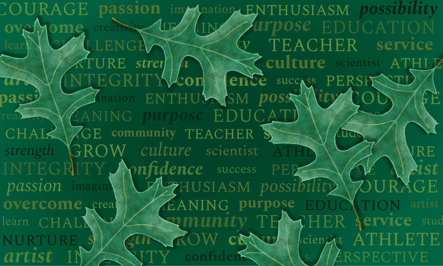 Illustrator, 2019 | Artistically rendered a private elementary school’s logo (leaf), on a word cloud background comprised of words from their mission statement. Designed as a wall graphic for the admissions area.