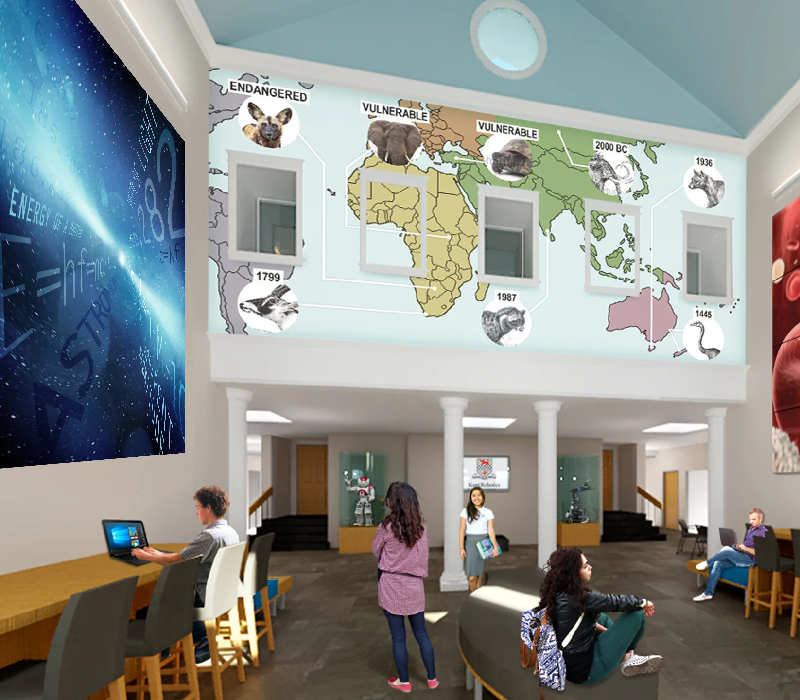 Photoshop, 2019 | Mockup of wall graphics (left and back) for the lobby of a prep school science building.