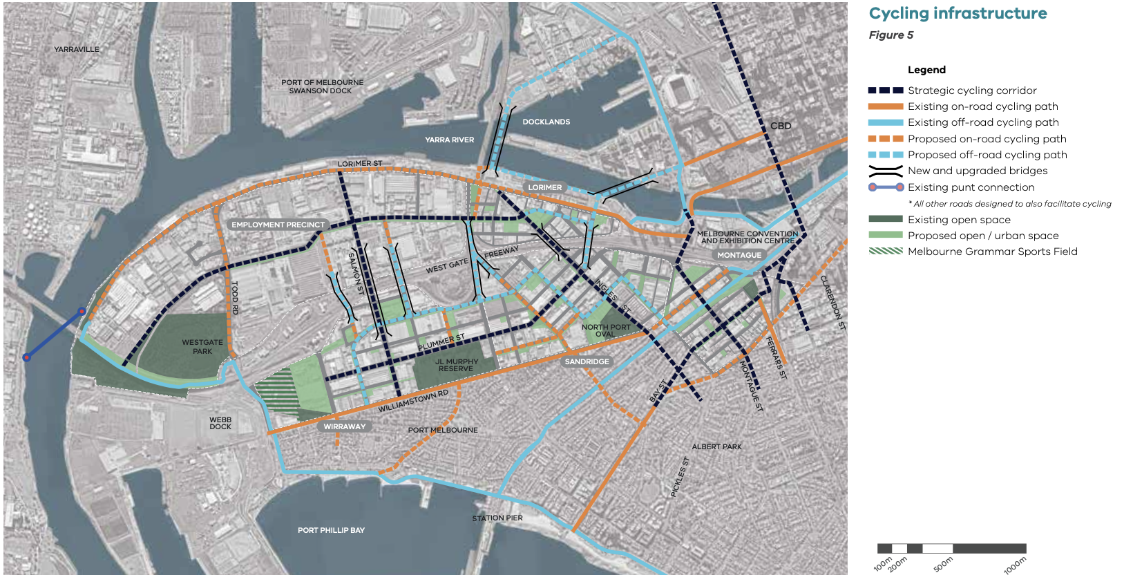 A map of Fish Bend with coloured lines representing (future) cycling infrastructure