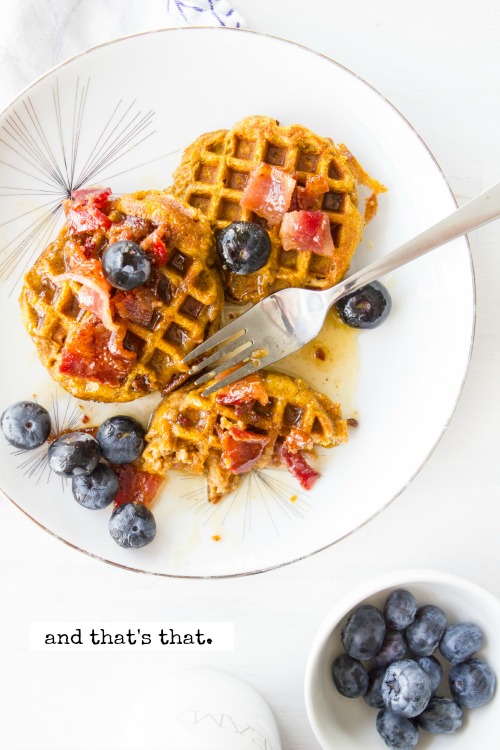 INGREDIENTS: FOR THE WAFFLES: 1/2 cup Banana Flour 1/3 cup almond flour 2 eggs 1/3 cup pumpkin puree 1/4 cup almond milk + 1/2 tbsp vinegar 1 tablespoon pumpkin pie spice 1 teaspoon vanilla 1/4 teaspoon salt 1/4 teaspoon baking powder FOR THE SYRUP: 5 tablespoons butter 5 tablespoons maple syrup (or honey) 3 slices cooked bacon, chopped 1/2 cup blueberries DIRECTIONS: FOR THE WAFFLES: 1. Mix all ingredients together. 2. Spoon batter into a greased Silver Dollar Waffle pan heated to medium-low heat 3. Once the bottom is golden brown, flip and cook the second side. (Use a wooden fork to flip) 4. Cook second side until golden. Serve with syrup. FOR the SYRUP: 1. Mix butter and maple syrup ingredients together. 2. Microwave on high until boiling. 3. Remove, toss in bacon and blueberries. 4. Spoon atop cooked waffles. Enjoy!
