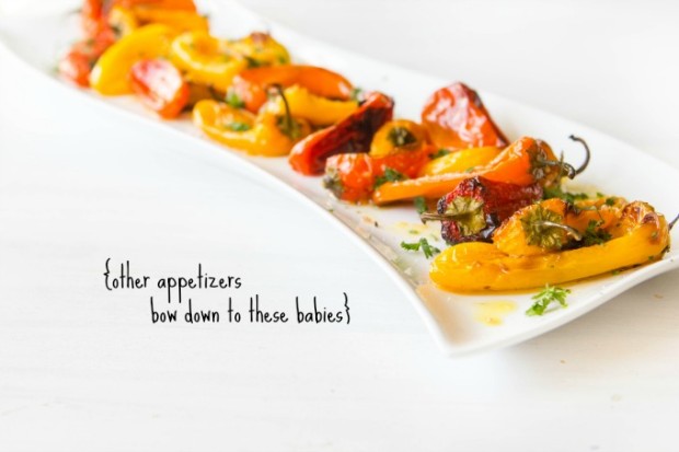 SMOTHERED SKINNY SWEET PEPPERS INGREDIENTS: 1 bag mini sweet peppers 1 tablespoon chopped garlic 1/2 cup extra virgin olive oil Maldon sea salt DIRECTIONS: 1. Preheat oven to 450 2. Place peppers on a baking sheet. 3. Sprinkle with garlic. 4. Drizzle with half the olive oil. 5. Roast in hot oven for 20-25 minutes. 6. They're done when they're slightly browned. 7. Sprinkle with oodles of salt & Serve.