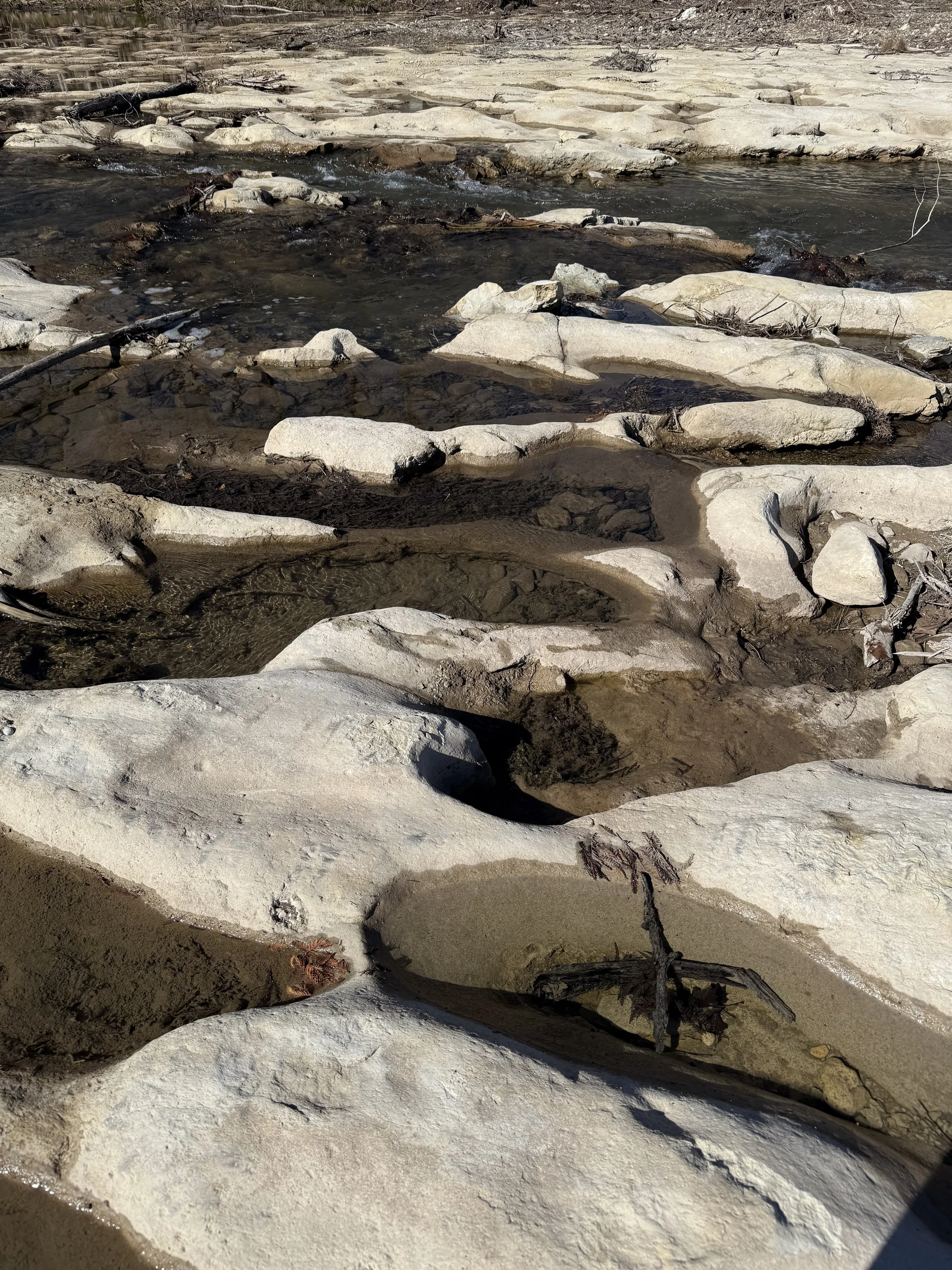 Limestone riverbed at regular seasonal level, Hunt, TX, December 2025