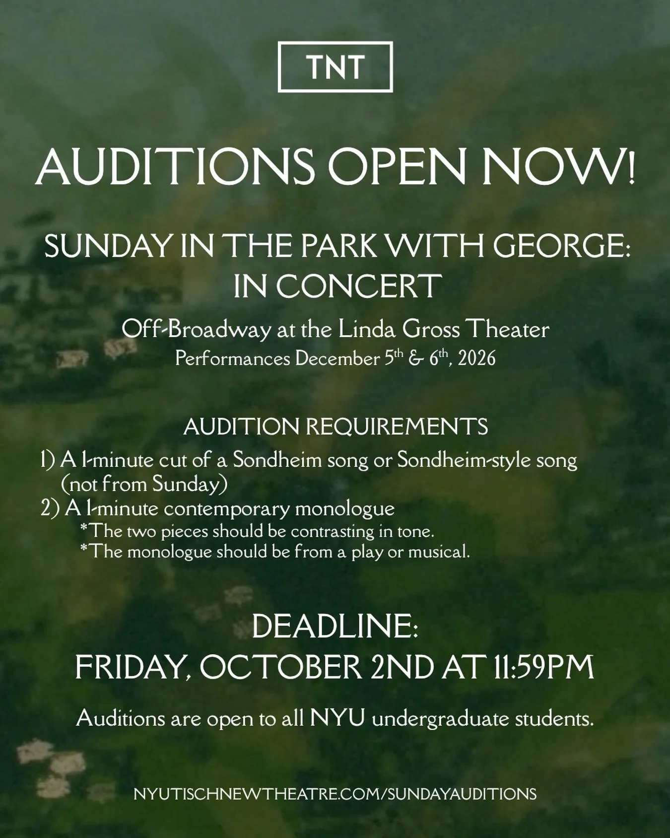 We&rsquo;re putting it together! Auditions are officially OPEN through October 2nd for TNT&rsquo;s Sunday in the Park with George: In Concert. Apply through the link in our bio today!

#tischnewtheatre #musical #offbroadway #audition #sundayinthepark