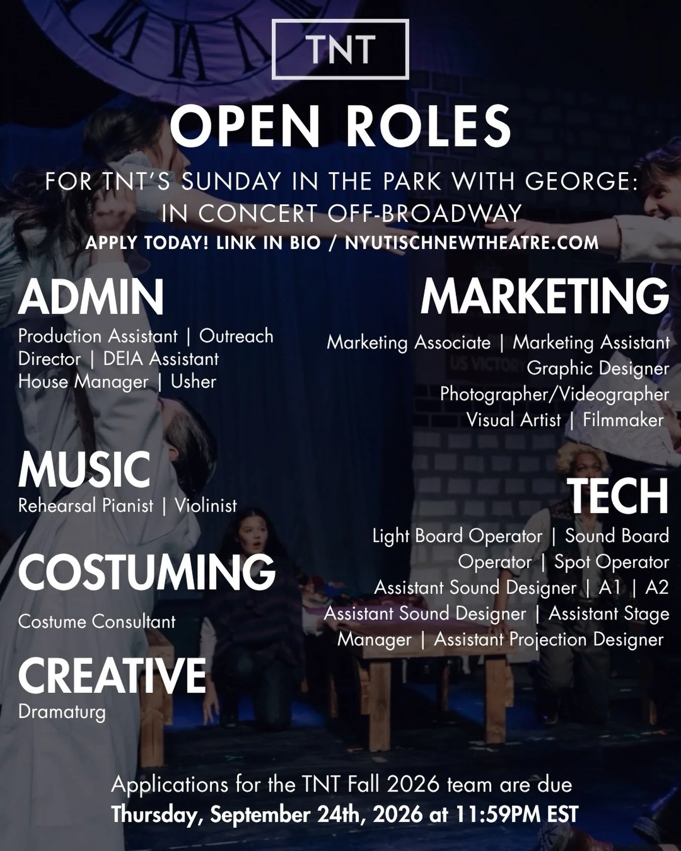 The second wave of applications for select production team roles for TNT&rsquo;s Sunday in the Park with George: In Concert are officially open. Apply through the link in our bio today!

#tischnewtheatre #musicaltheatre #nyutisch #theatre #apply