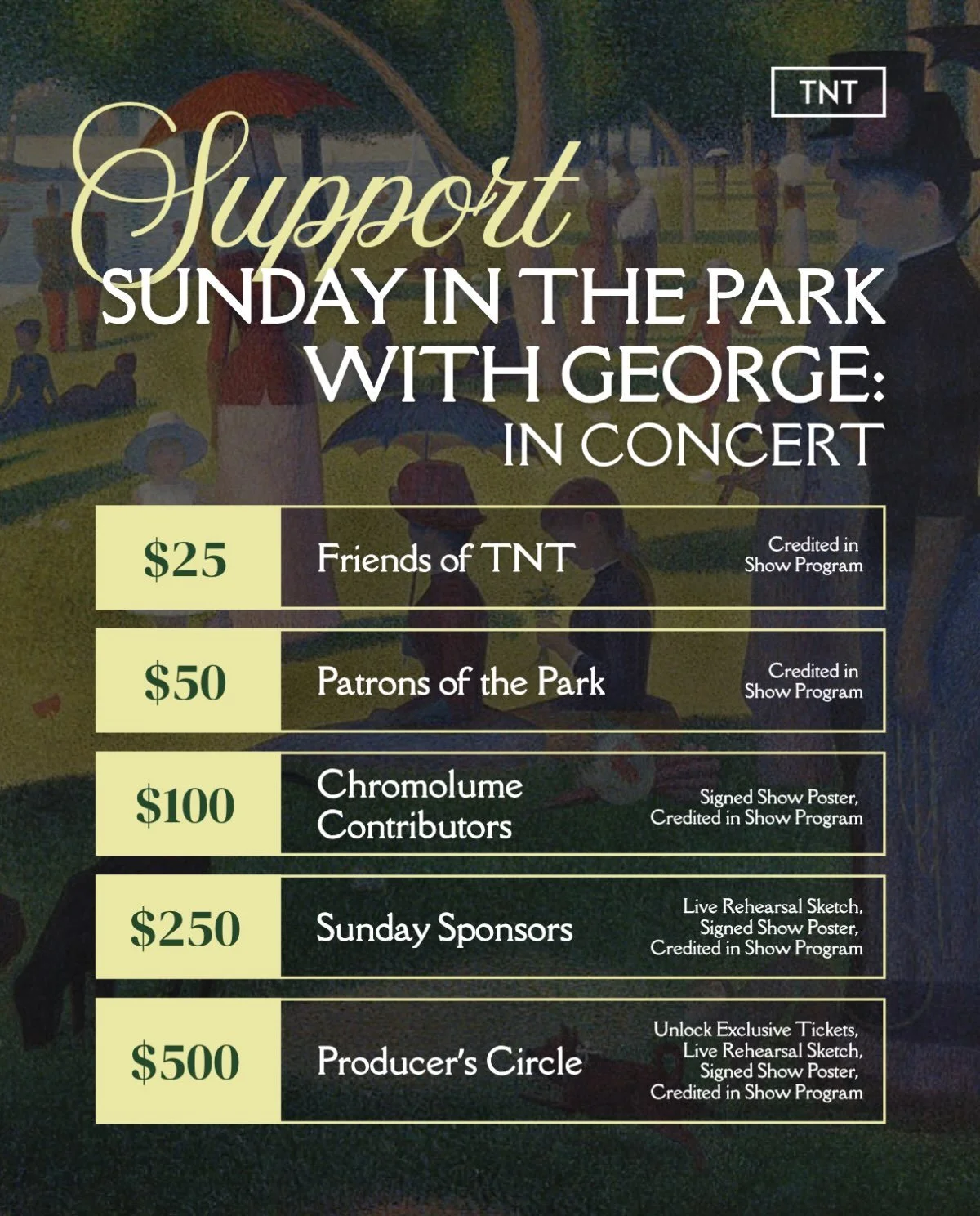 This fall, 100+ student actors, designers, managers, musicians, and more unite to bring SUNDAY to life&mdash;but their work is incomplete without you.

If you are a supporter of student artists, please consider making a tax-deductible donation today.