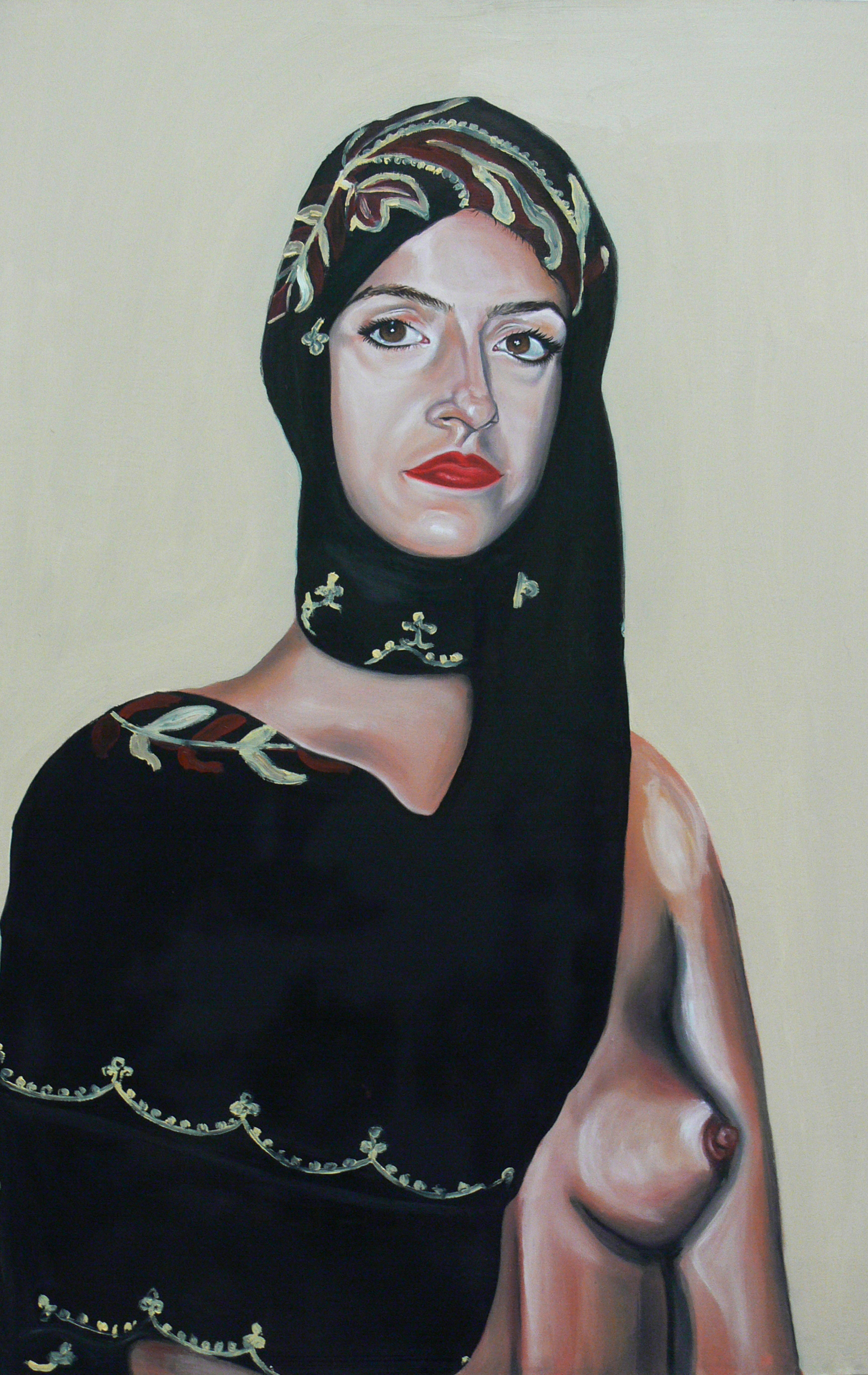 Self portrait with my Mothers headscarf and breast of kate moss.jpg