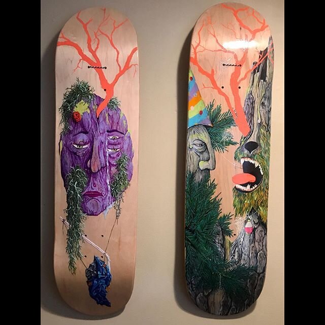 Finally out these up in the apartment. I love painting skateboards,  pm if you&rsquo;re interested in a commission.
-
-
-
#ecology #lichen #howl #contemporarypainting #contemporaryart #skatedeck #handpaintedskateboards  #masks #wildermann #polition #