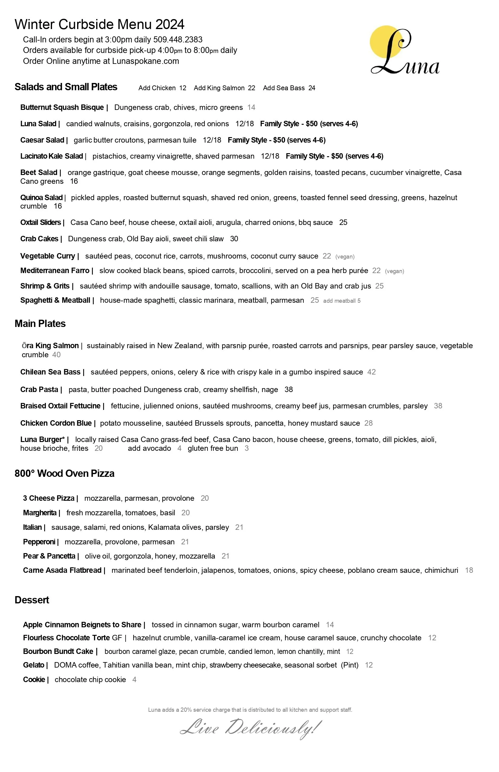 Winter 2024 Curbside Menu — Luna Restaurant