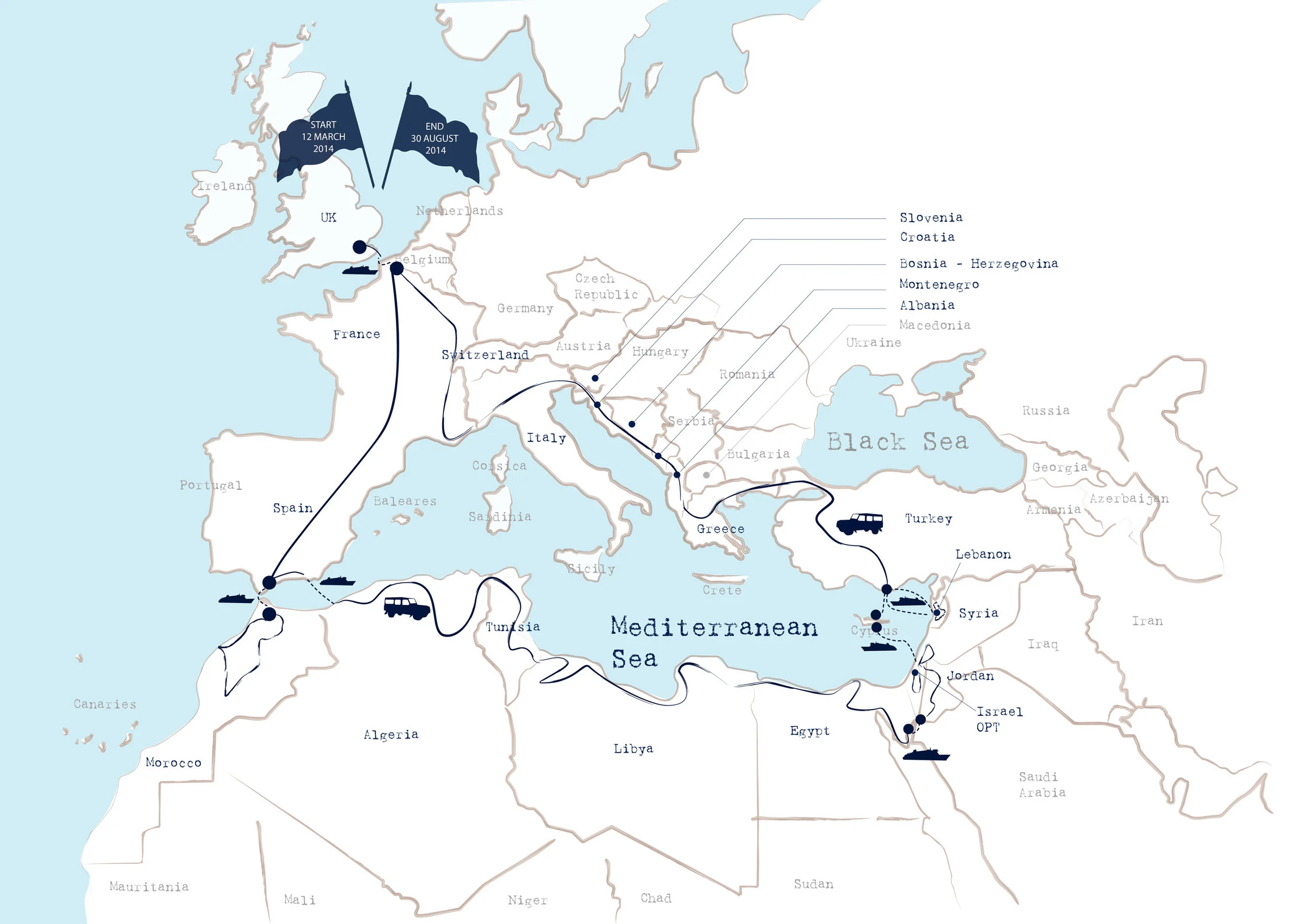 Our final route:  Driving anti-clockwise around the Mediterranean from Suffolk back to Suffolk over 6 months. 