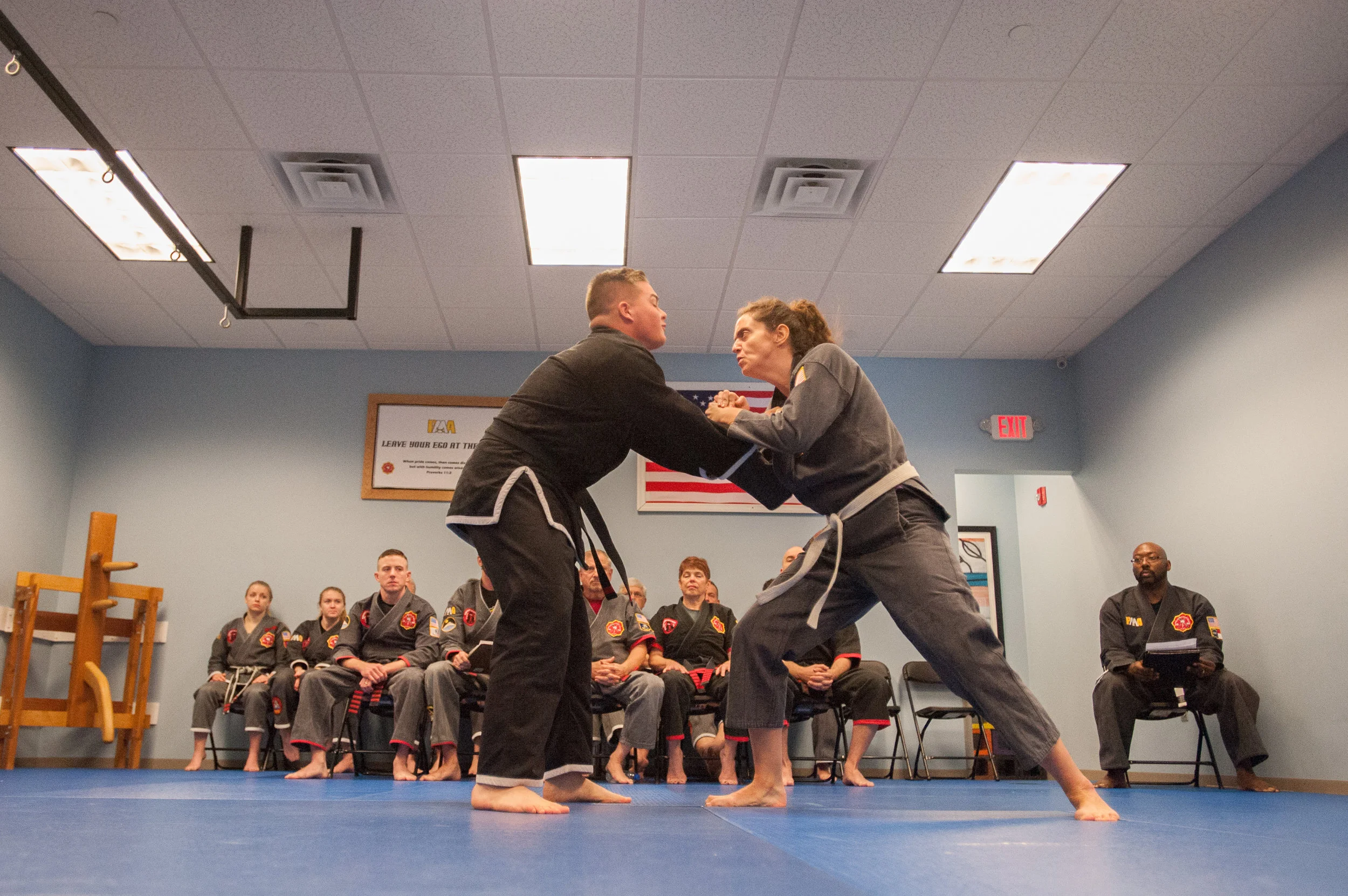 Over 60 hours into her Black Belt test, showcasing self defense techniques.